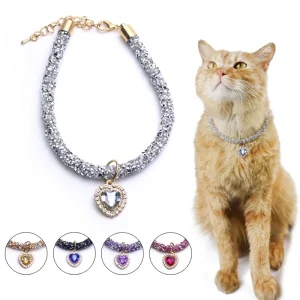 Crystal Cat Collar Heart Gem Pendant