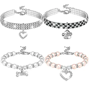 4 Pcs Pearl Dog Collar Necklaces Small Dogs Cats Rhinestones Collar