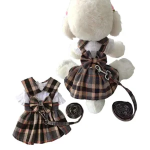 1pc Cute Dog Clothes Plaid Dress With Bowknot Back, Adjustable Leash,