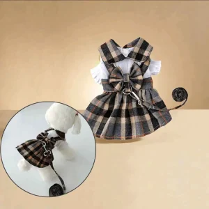 Plaid Dress With Bowknot Back, Adjustable Leash, Suitable For Cats and Dogs