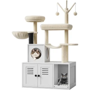 55-Inch Litter Box Enclosure with Cat Tree, 2-in-1 Modern Large Cat Tower