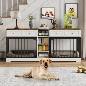 Large Wooden Dog Crate with 4 Drawers and Shelves, Heavy Duty