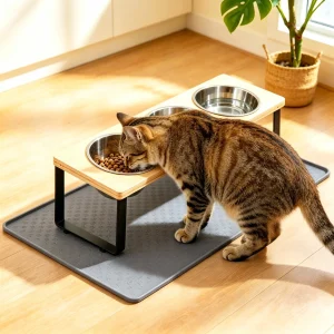 3 Bowls Elevated Cat Feeder 15° Tilted, Bamboo Iron Stand Stainless Steel