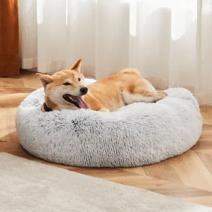Round Plush Faux Fur Calming Dog Bed