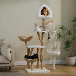 Modern Cat Tree with Solid Wood Scratching Posts with Swing Hammock