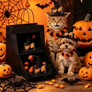 Halloween Pet Costume Set, 1 Pumpkin Witch Hat + 1 Bat Bowknot Pom-Pom Pumpkin Collar